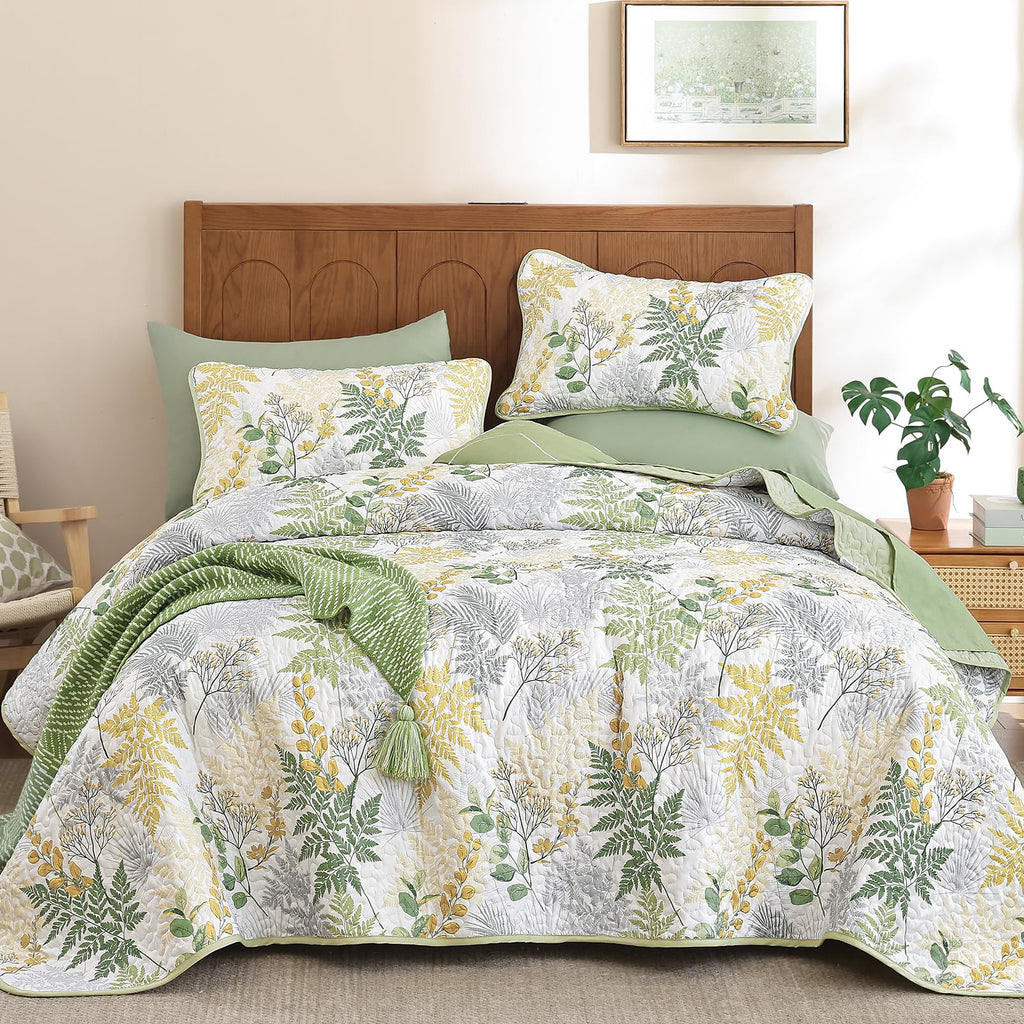 Quilt, 3 Pieces Sage Green Botanical Bedspread with Farmhouse Leaves Pattern, Soft Lightweight Microfiber