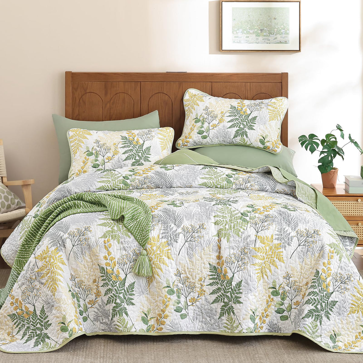 Quilt, 3 Pieces Sage Green Botanical Bedspread with Farmhouse Leaves Pattern, Soft Lightweight Microfiber