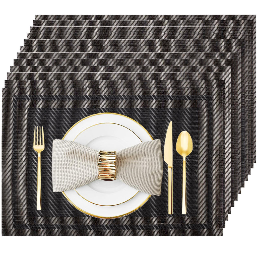 Black Gold Vinyl Placemats Set of 12, Heat Resistant Table Placemats