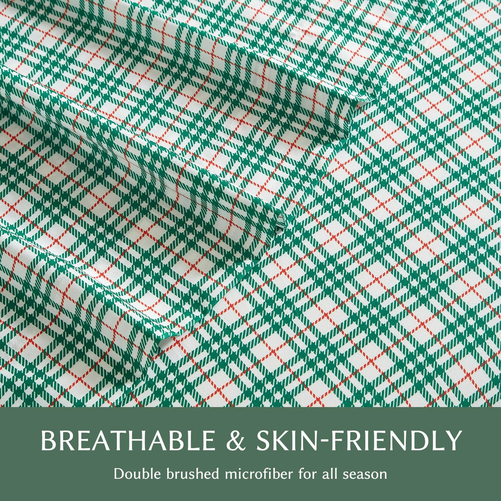 Green Checkered Sheets, Plaid Patterned, Deep Pocket 4pc