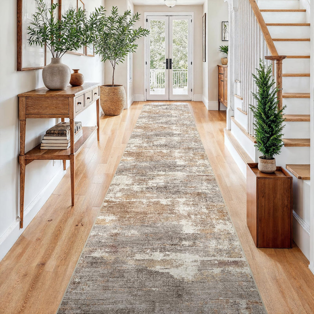 Runner Rug Washable Abstract: Non Slip Hallway Floor Mat Brown/Brick
