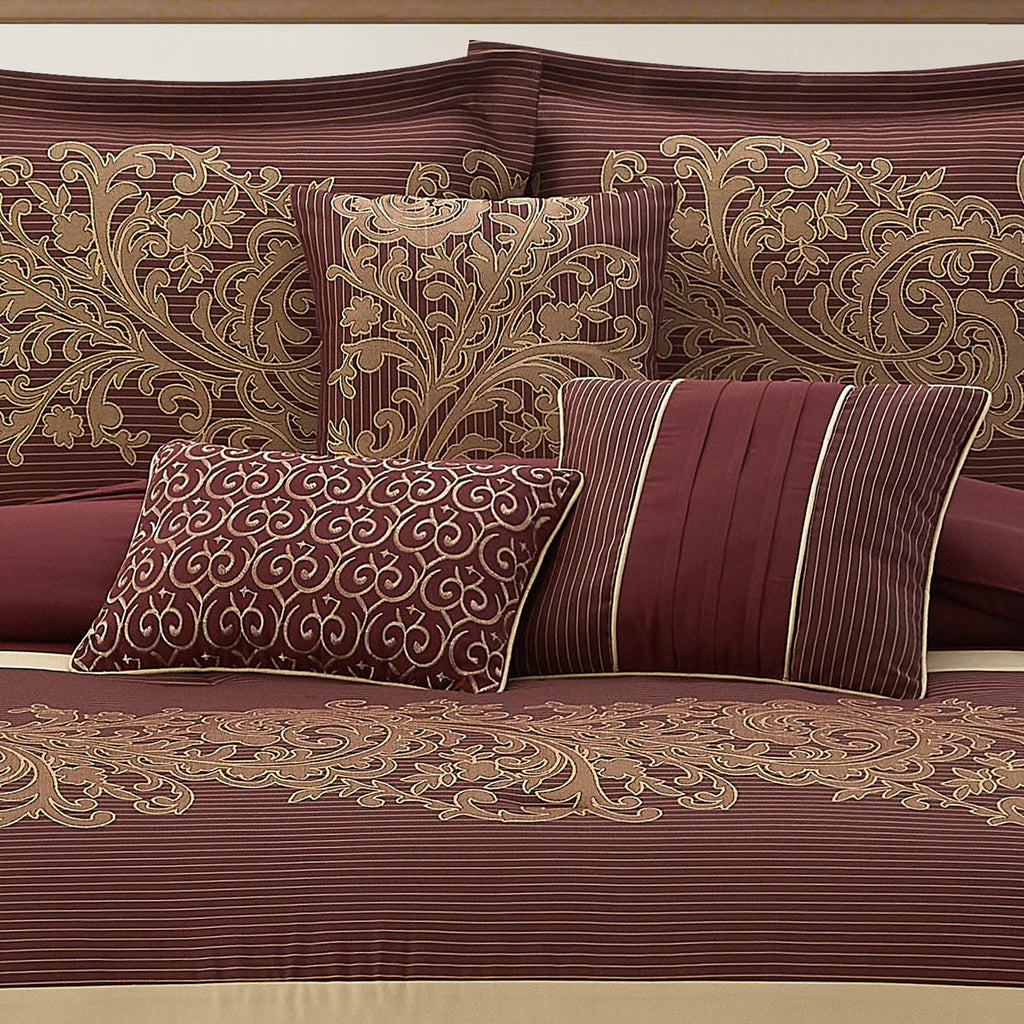 Red Gold Comforter Set, Damask Jacquard with Matching Solid Piece Work, 7 Piece Soft Bedding Set for All