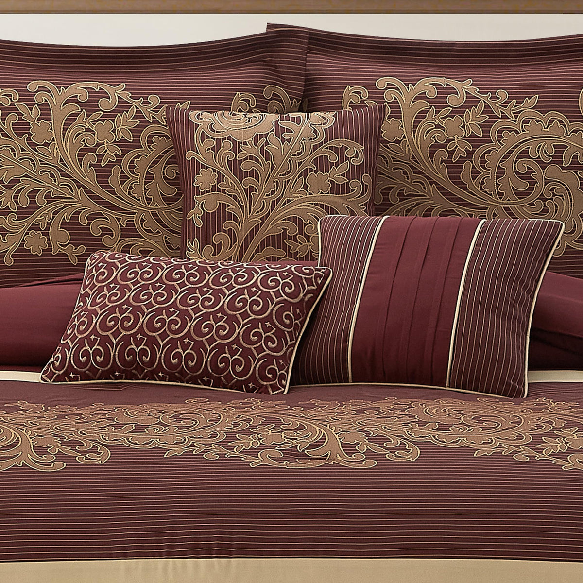 Red Gold Comforter Set, Damask Jacquard with Matching Solid Piece Work, 7 Piece Soft Bedding Set for All