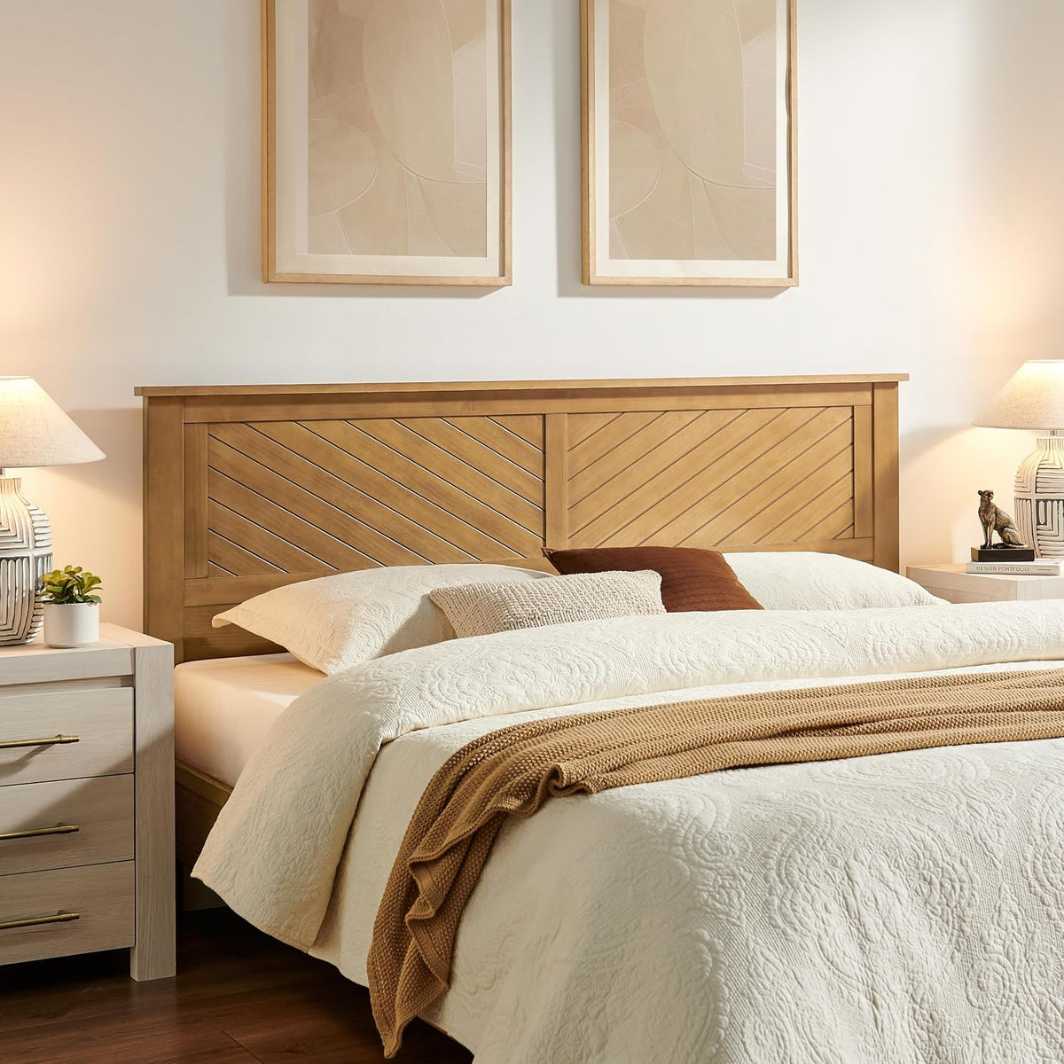 Serene Solid Wood Panel Headboard with Chevron Scoring, King, Stained Pine, Easy Assembly, Quality Materials