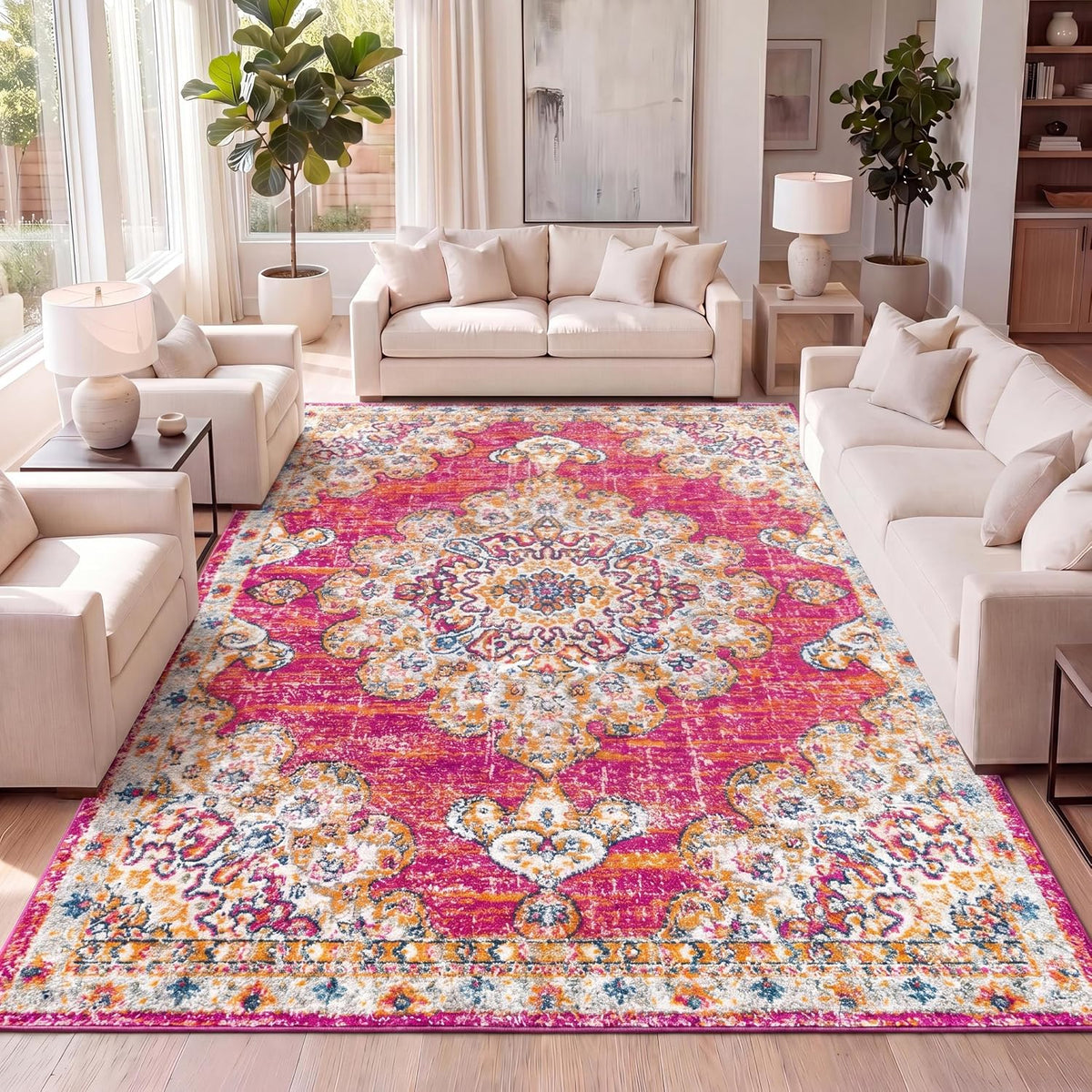 Boho Vintage Pink/Cream Indoor Area Rug, Bohemian Flair Medallion, Chic, Floral, High Traffic, Pet Friendly