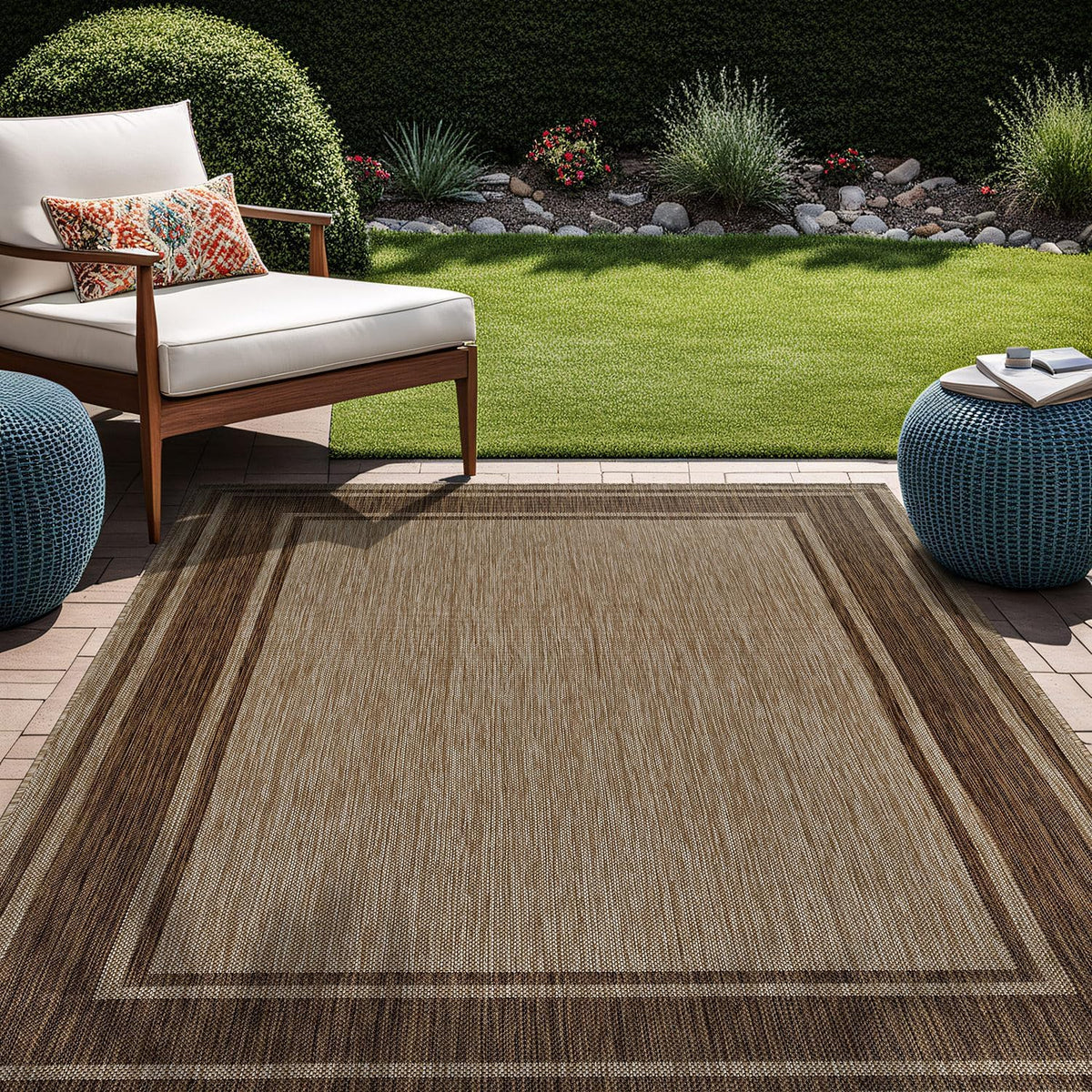 Outdoor Rug Modern Bordered Area Rugs Patio Deck Porch Garden Waterproof Weather Sun Resistant Washable Outside