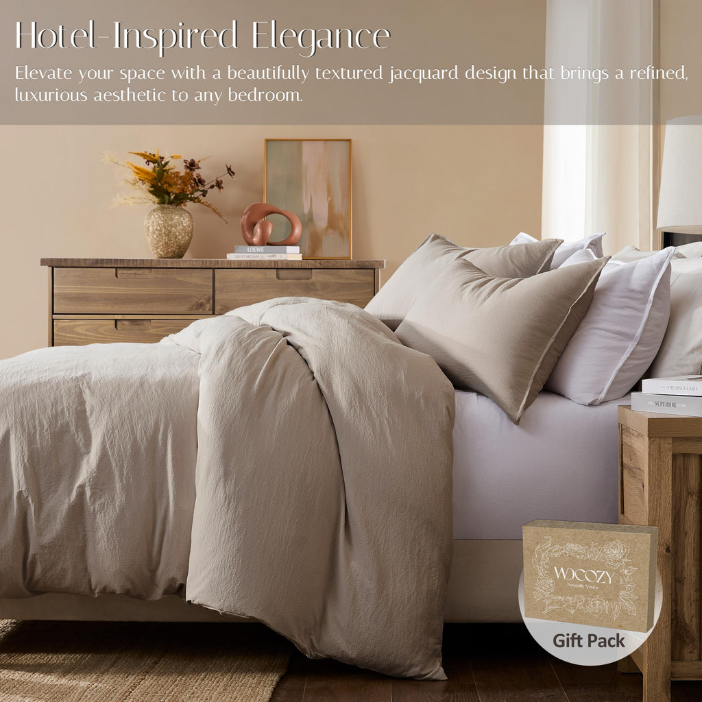 Dark Beige King Size Jacquard Duvet Cover Set with Zipper Closure, Modern Washed Soft Striped Bedding, Textured