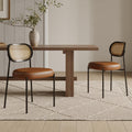 Rattan Dining Chairs Set of 2, Camel Leather Upholstered Dining Chairs with Rattan Cane Back, Mid Century Modern