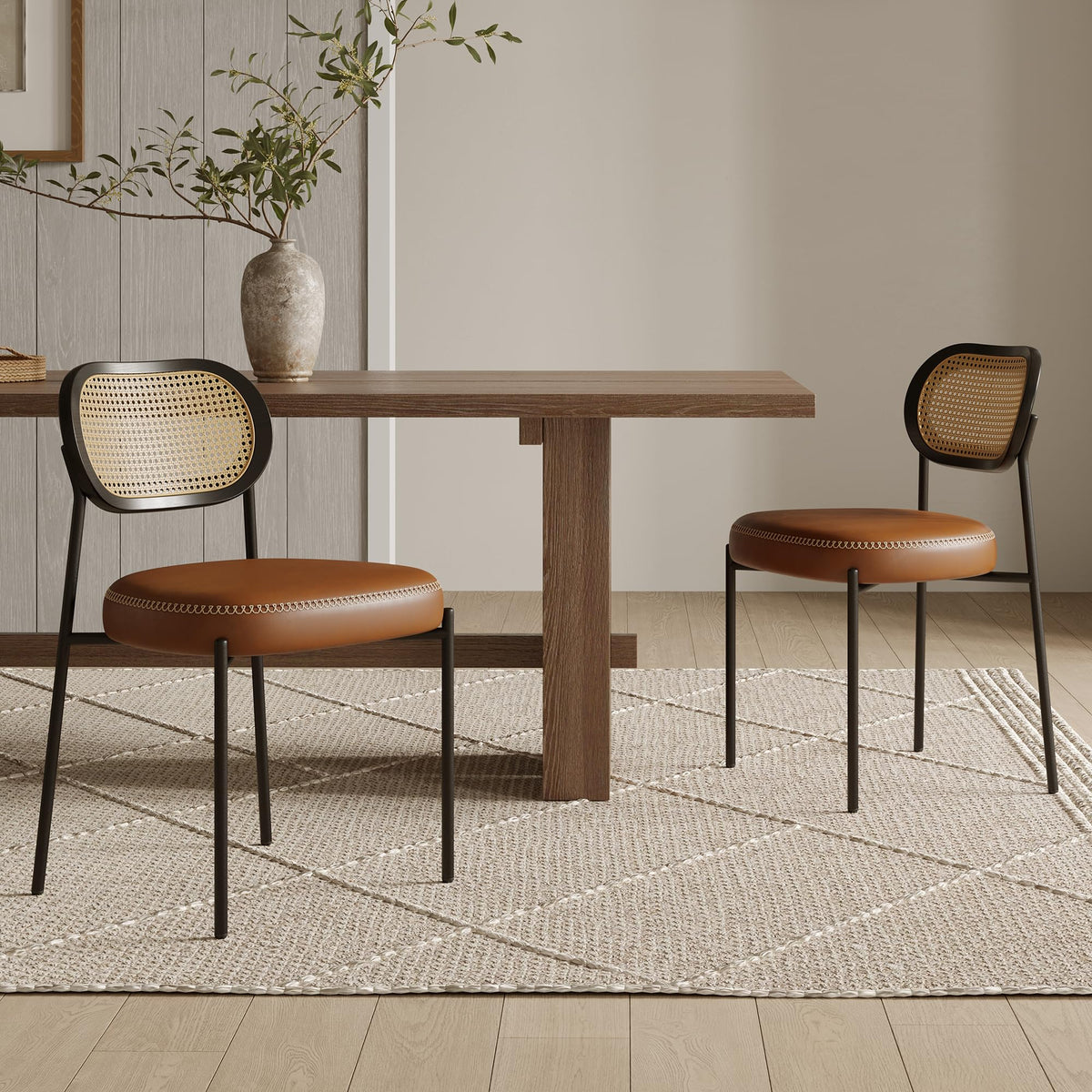 Rattan Dining Chairs Set of 2, Camel Leather Upholstered Dining Chairs with Rattan Cane Back, Mid Century Modern