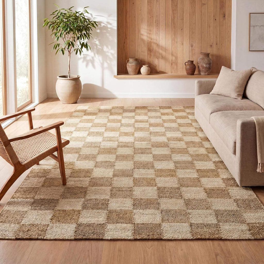 Theo Woven Jute Checkerboard Natural/Bleach Indoor Area Rug, Modern, Farmhouse, Rustic, Lodge, Easy-Cleaning