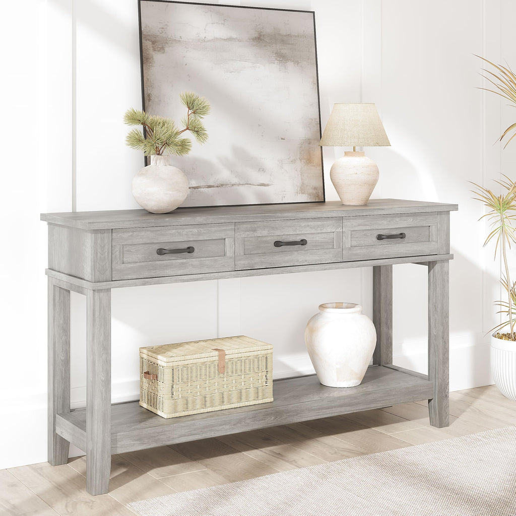 3 Drawers Entryway Table, Farmhouse Wooden Console Table, Grey