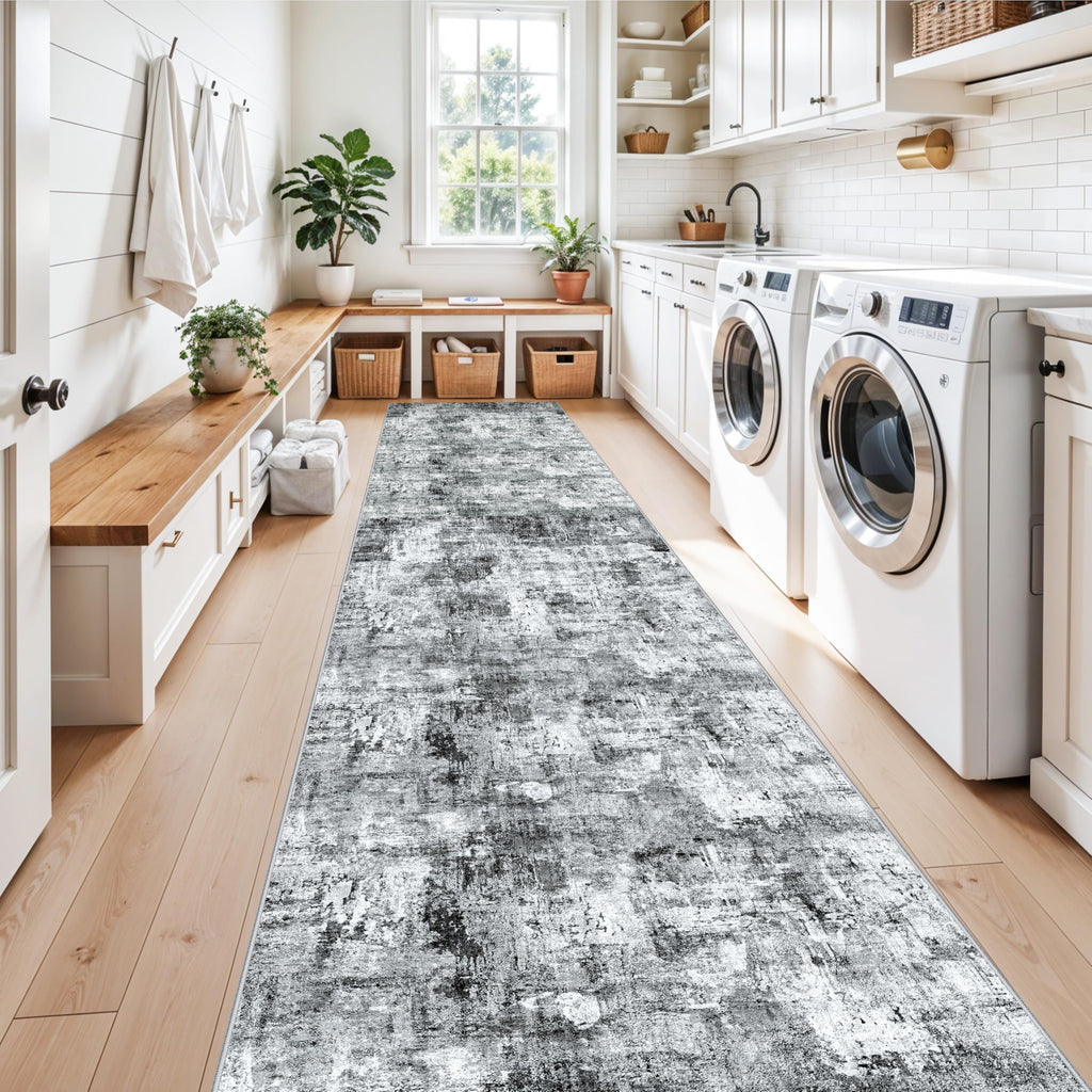 3x12 ft Long Hallway Runner Rug - Non-Slip Washable Kitchen Rug with Rubber Backing, Modern Abstract Neutral Thin Low