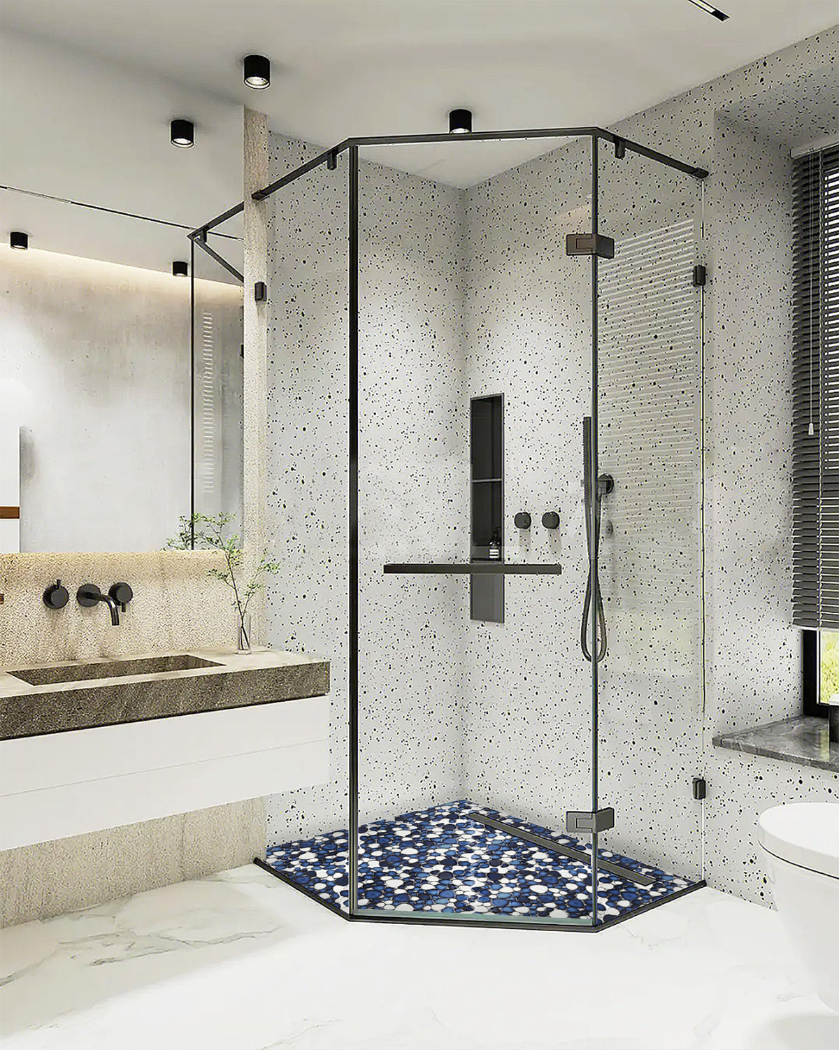 Pebble Ceramic Tiles 5 Sheets, Heart-Shaped 12x12 Floor Tile Ceramic, Dark Blue Mosaic Tiles Mesh Mounted, Waterproof