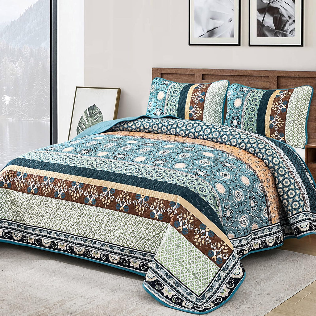 Blue Boho Quilt Set, Fall Patchwork Bedspreads