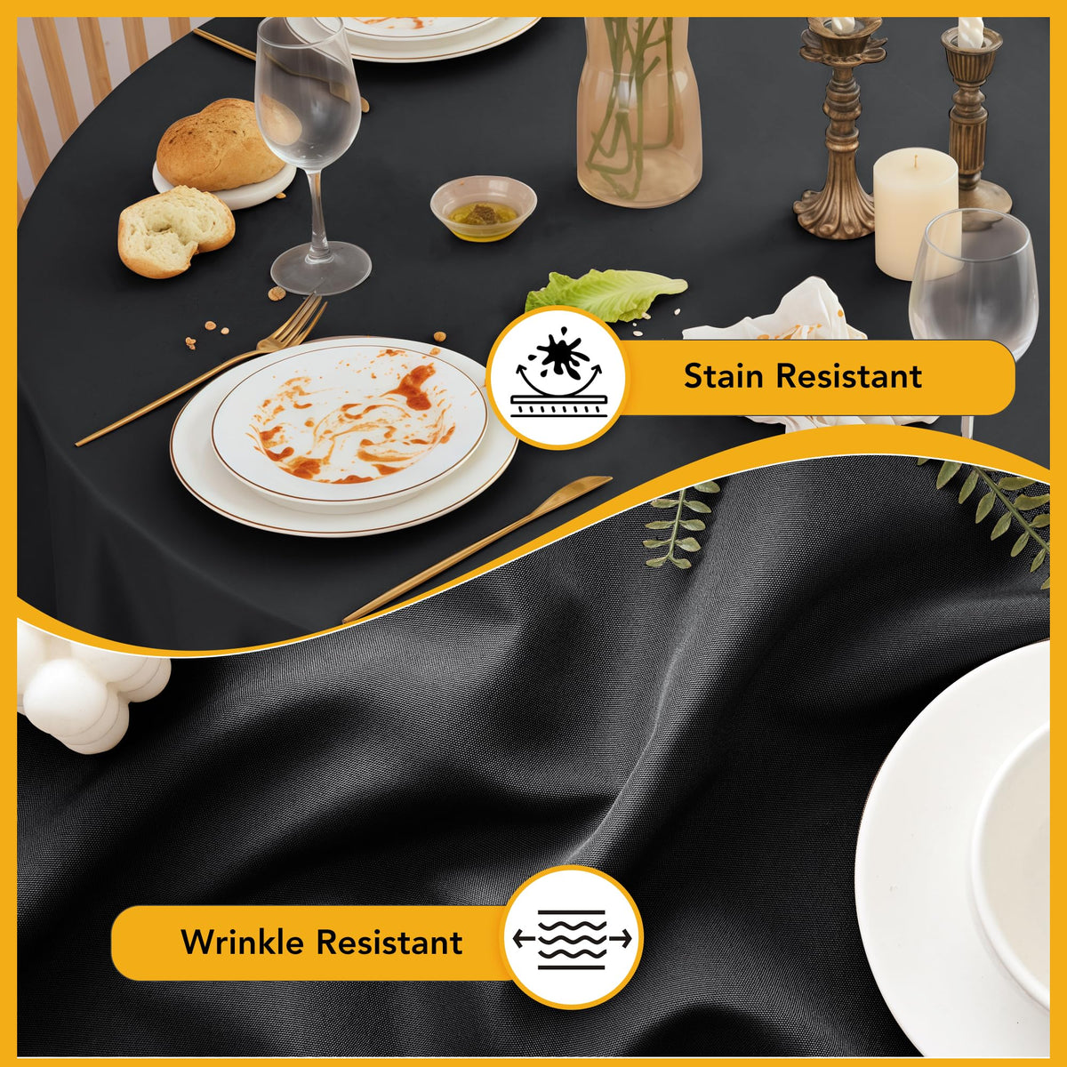 6-Pack Black Round Tablecloths, 120 in, for 5-6 Ft Round Tables