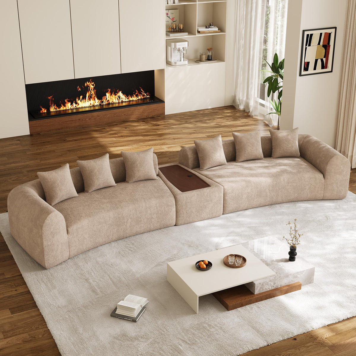 177" Oversized Curved Sectional Sofa, Chenille Cloud Couch, Camel