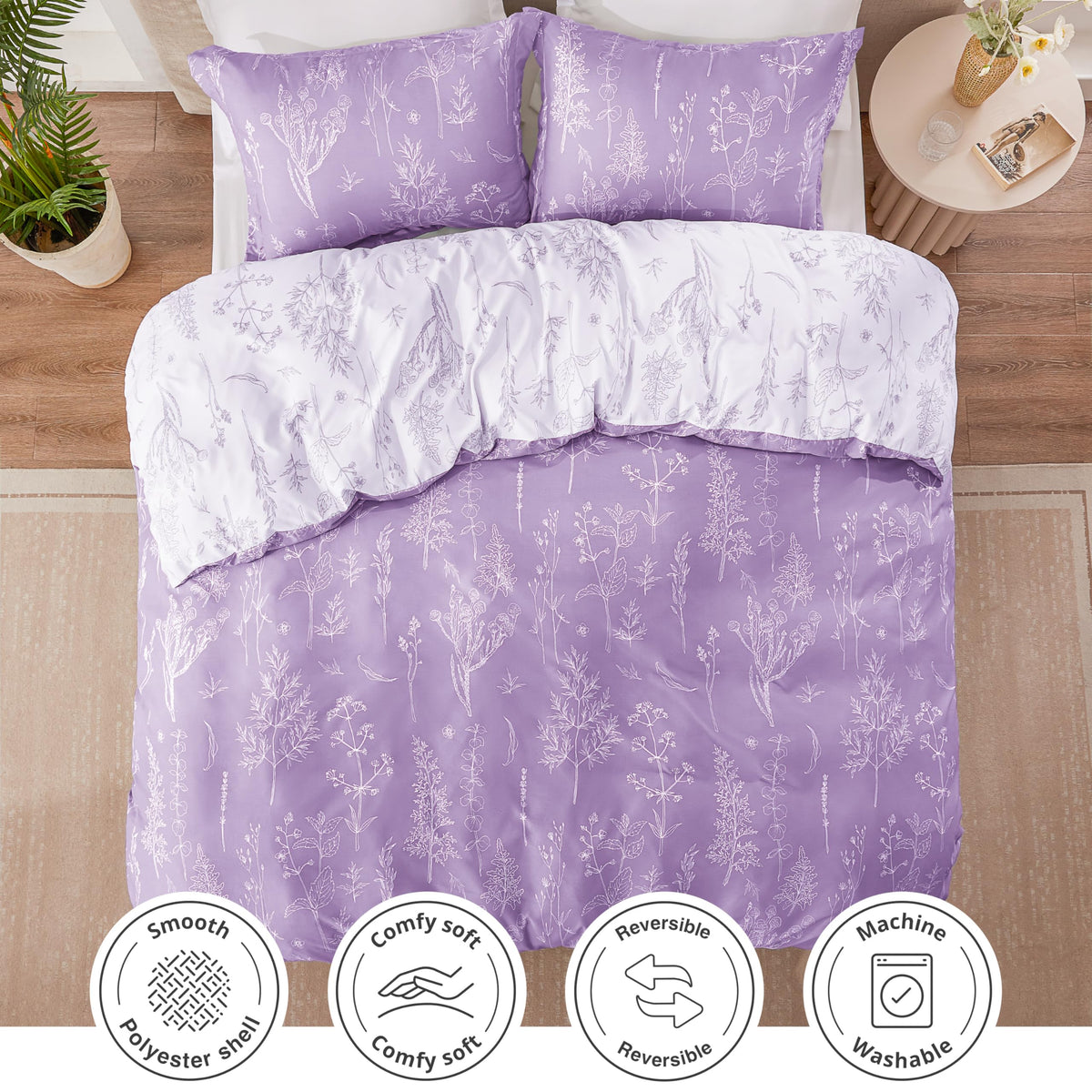Floral Comforter Set Cute Bedding Reversible Lavender