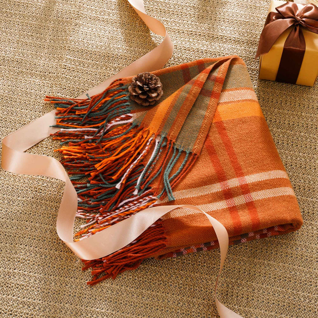 Orange Plaid Throw Blanket for Couch, Fall Throw Blanket 50"x60" Fall Decor