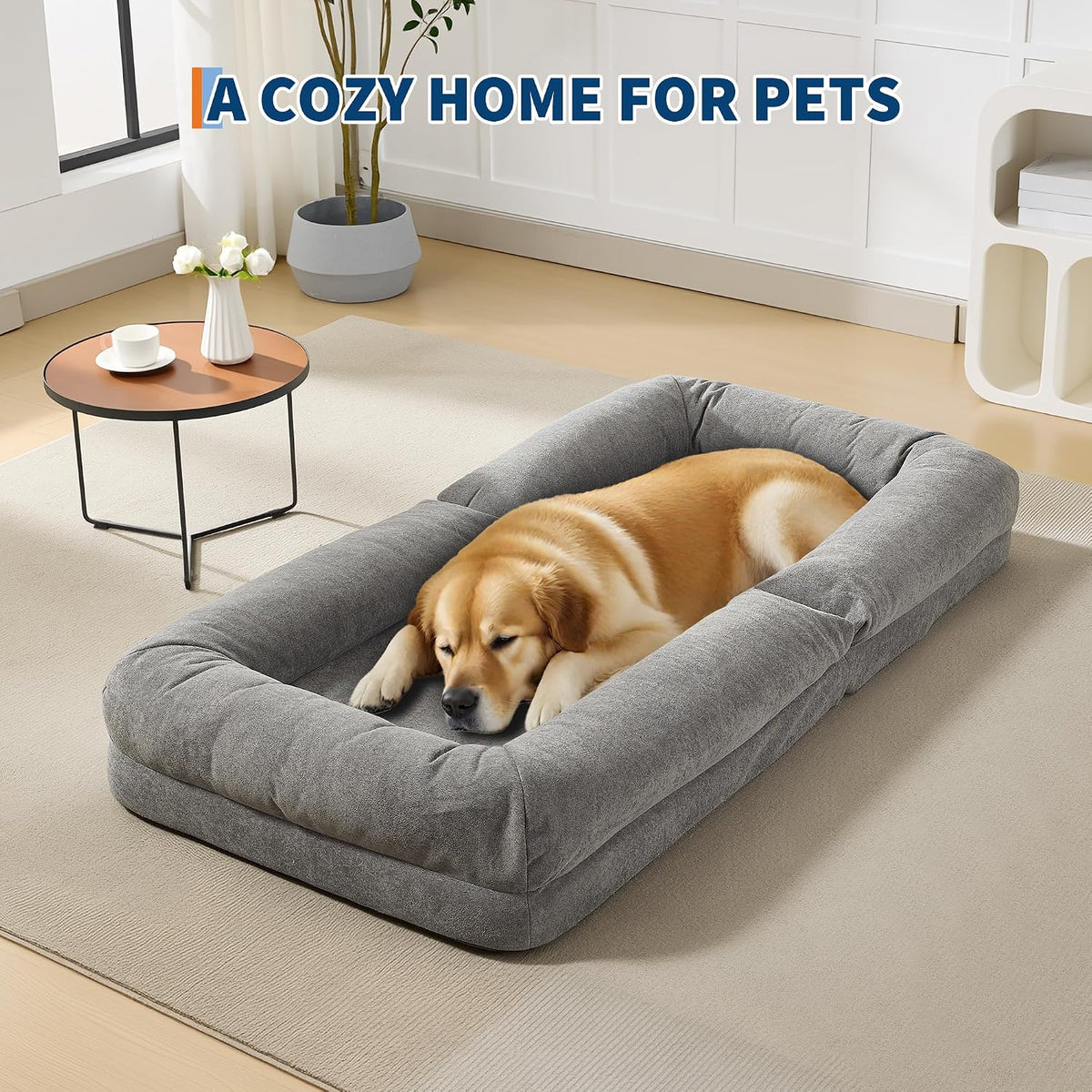 Oversized Adjustable Human Dog Bed for Adults & Pets - Chenille Upholstered Collapsible Floor Sofa with 2 Soft