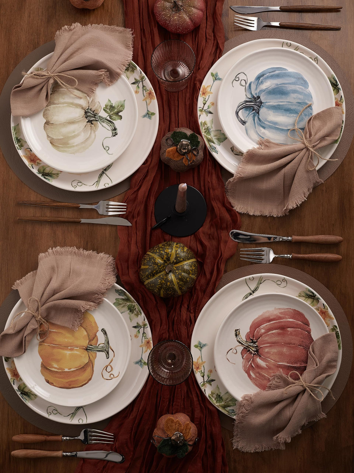 Pumpkin Feast Salad Plates Set of 4, 8.75 Inch Ceramic Dessert Plates for Salad, Appetizer, Side Dishes, Microwave