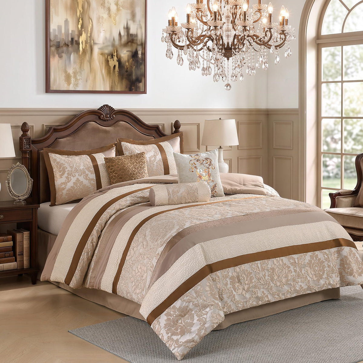 Beige Brown Gold Comforter Set, Luxury Jacquard Bedding 7 Pcs