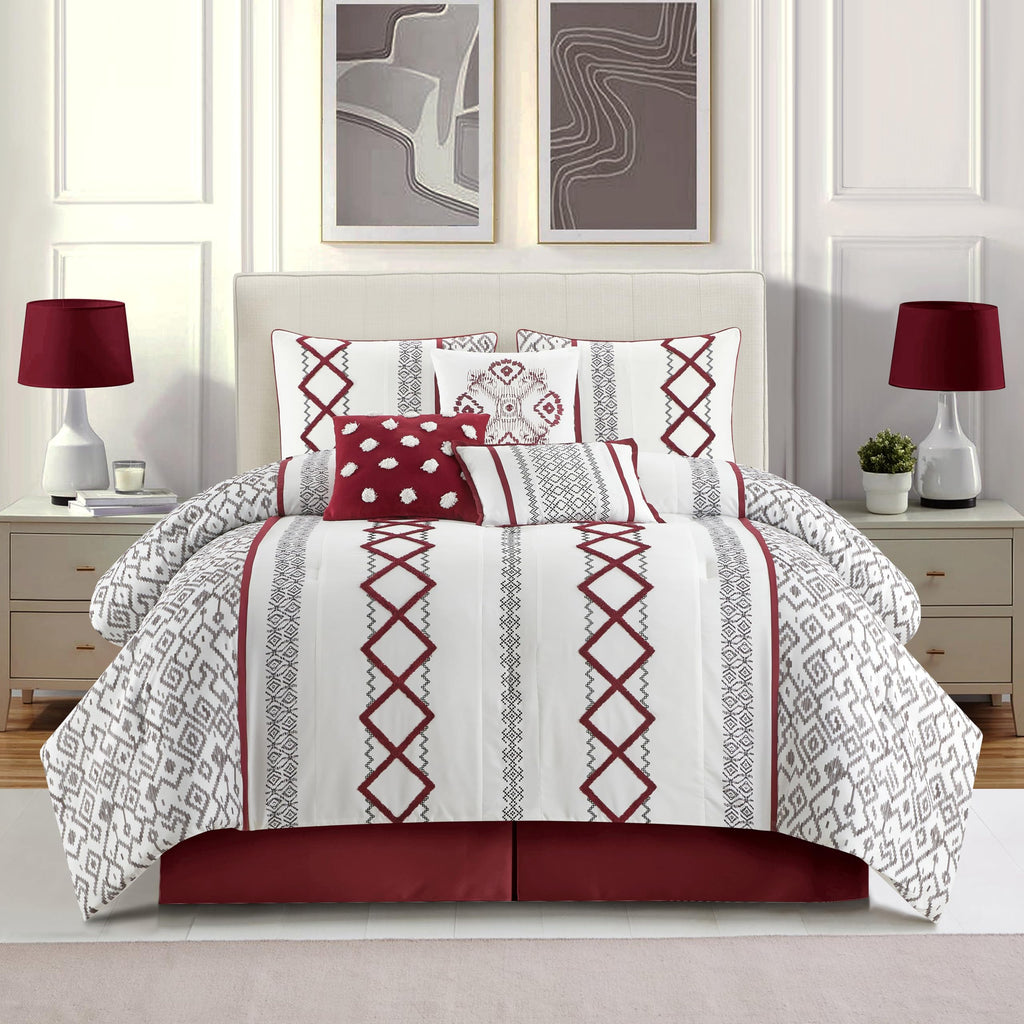 Luxury 7 Piece Cozy Comforter Set, White and Red, Embroidered Bedding Sets, Premium Microfiber, All Season
