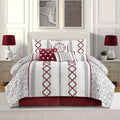 Luxury 7 Piece Cozy Comforter Set, White and Red, Embroidered Bedding Sets, Premium Microfiber, All Season