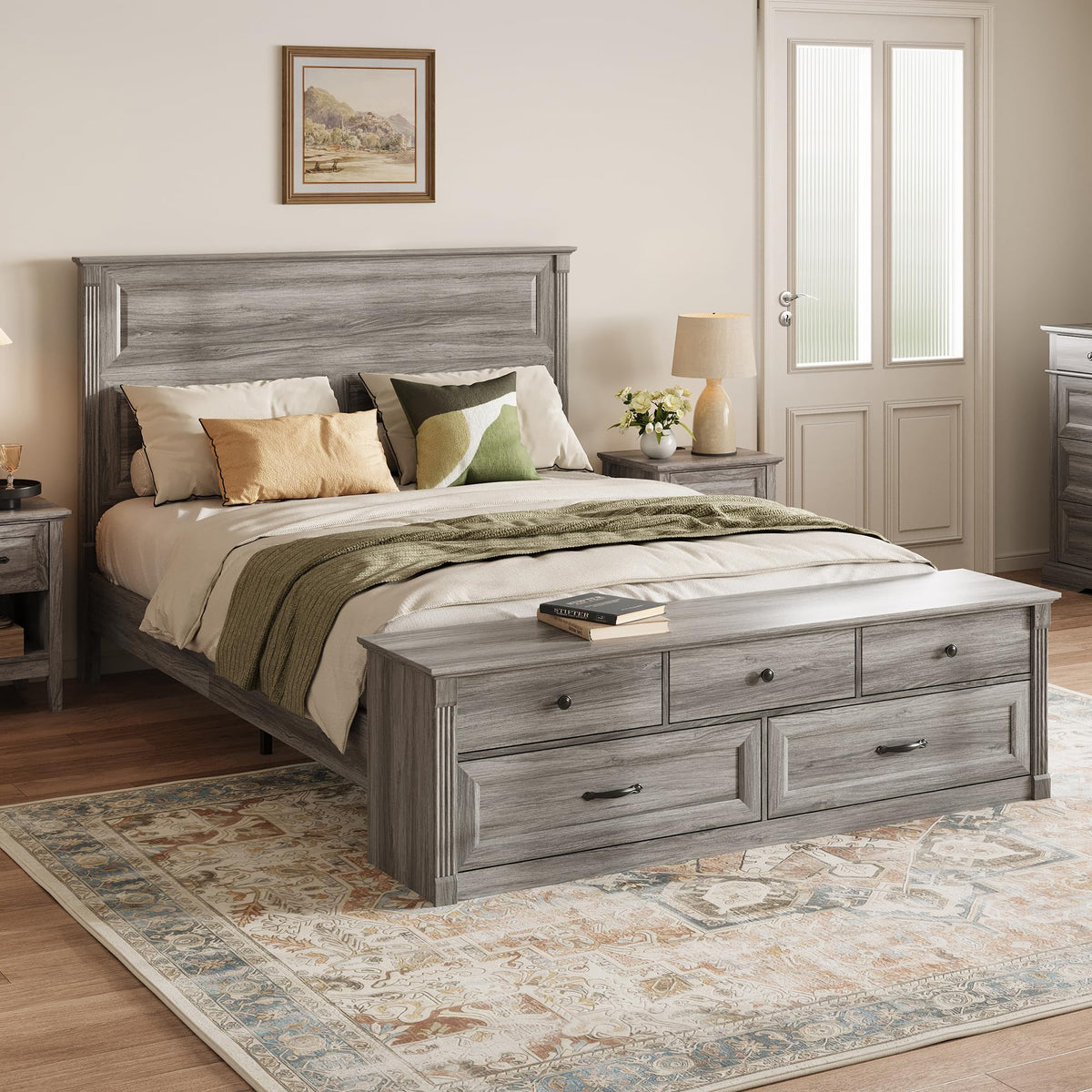 Storage Bed Frame Bedframe with Drawers, Rustic Grey