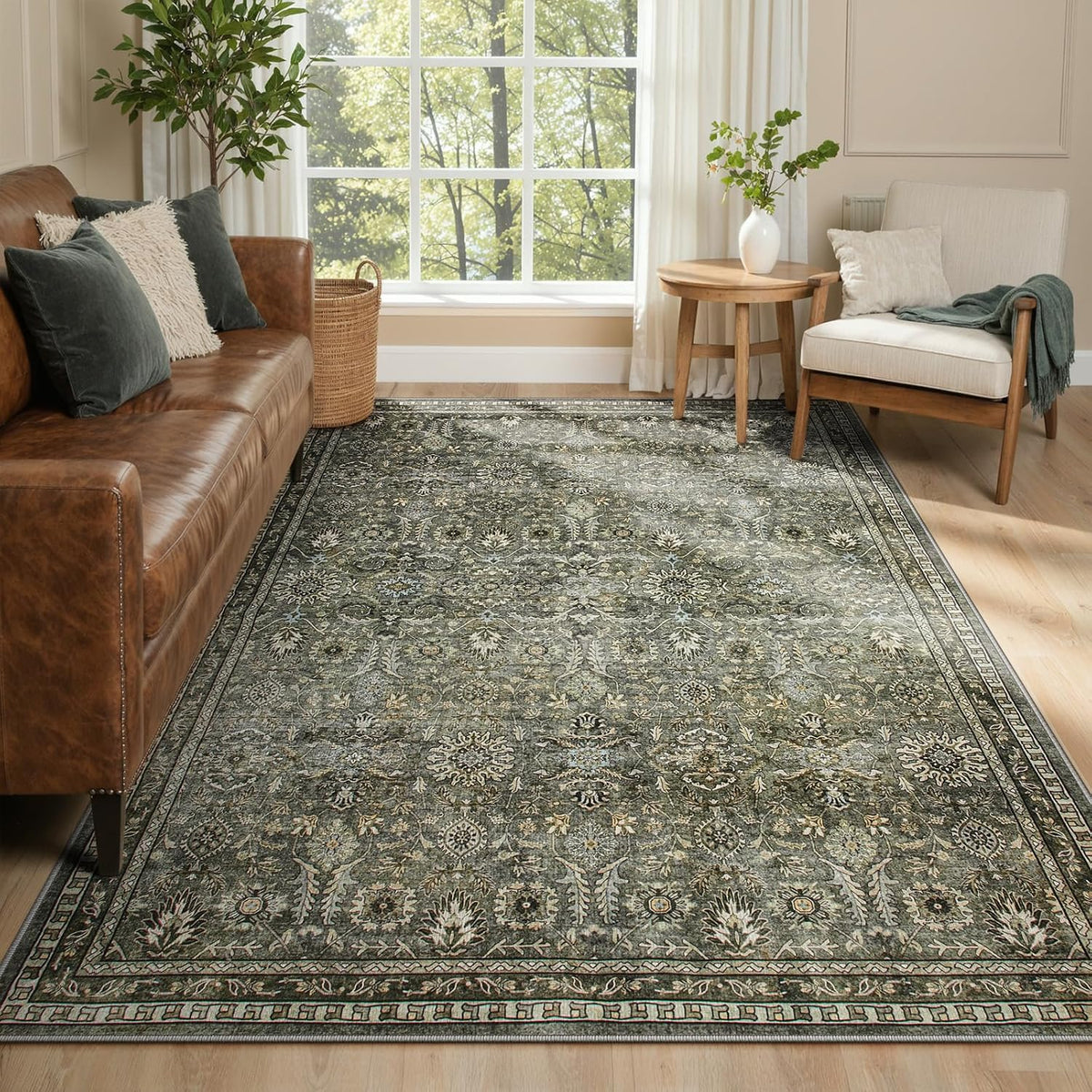 Sage Green Area Rug, Machine Washable Rugs, Boho Vintage Soft Bedroom Carpet Nursery Apartment Office, Dark Green