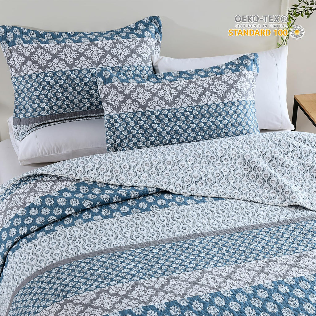 Quilts, Blue Gray Floral Striped Design Quilt Set