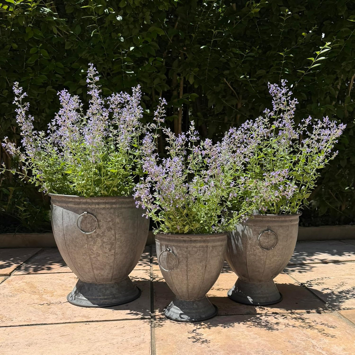 Durham Footed Urn Chubby Belly Planters, Set of 3, Ring Handles, Galvanized Metal, Vintage Grey, Indoor/Outdoor