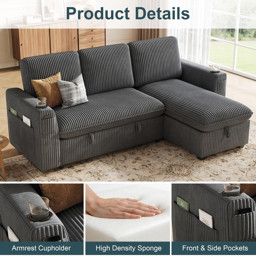 Sectional Sleeper Sofa with Pull Out Bed, Plush Corduroy Sectional Sofa with Storage Chaise and Adjustable Backrest