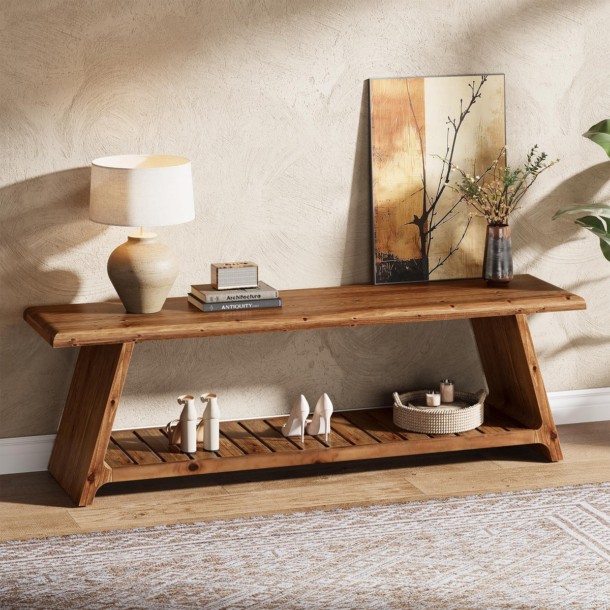 63-Inch Long Solid Wood Entryway Bench, Farmhouse Narrow Shoe Bench Seat, End of Bed with Storage for Entry, Hallway