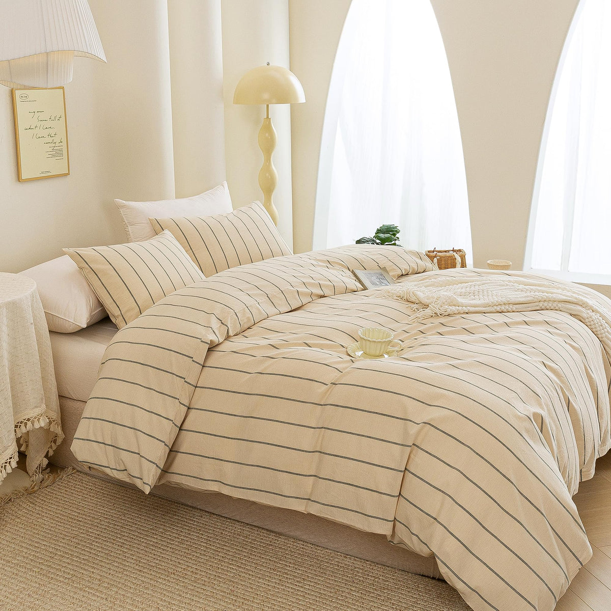 Cotton 3 Pcs Duvet Cover Set Linen Feel Vertical Stripe Queen
