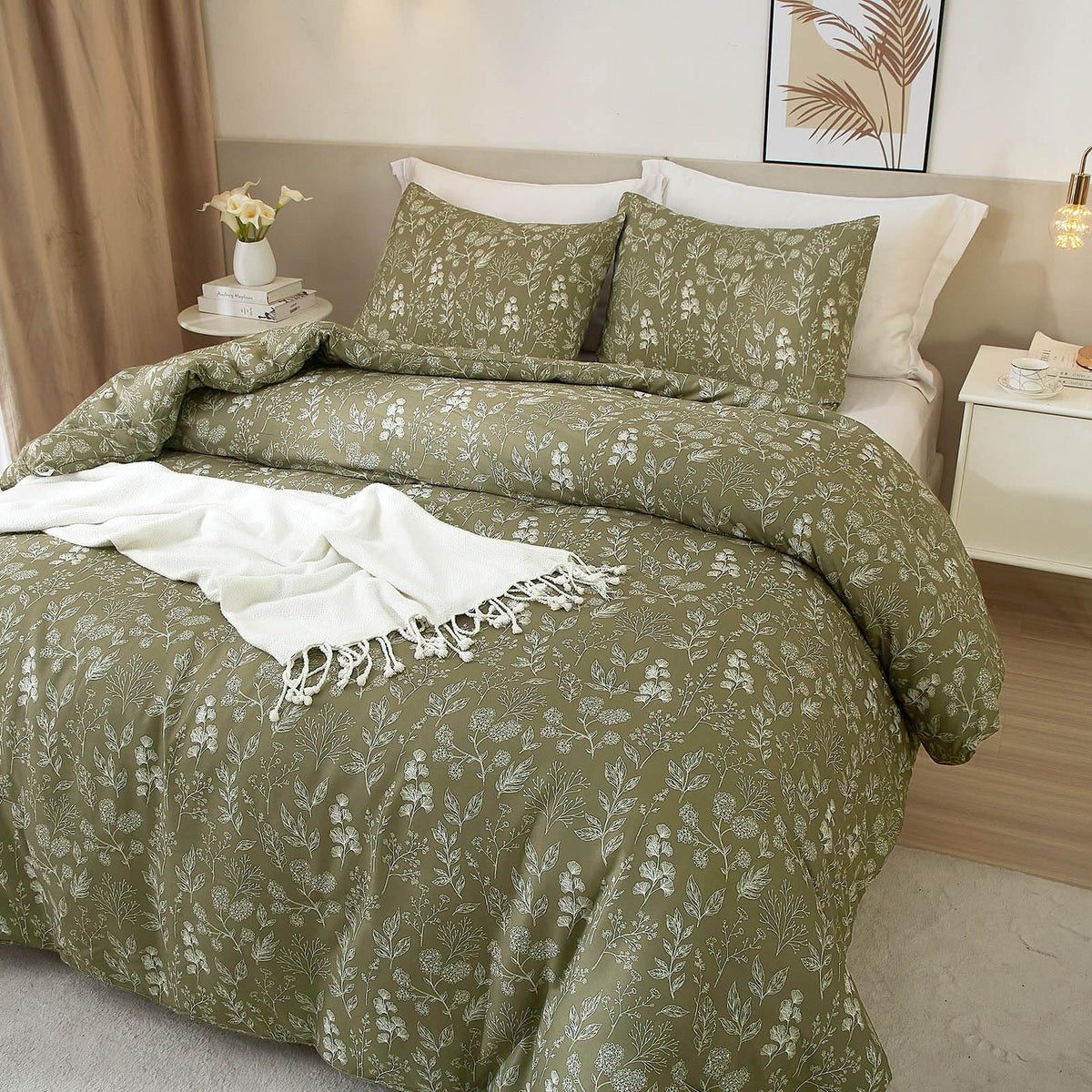 Fresh Garden Green Floral Duvet Cover King Soft Cotton Chic Shabby Small Cute Floral Botanical Bedding Set with 2