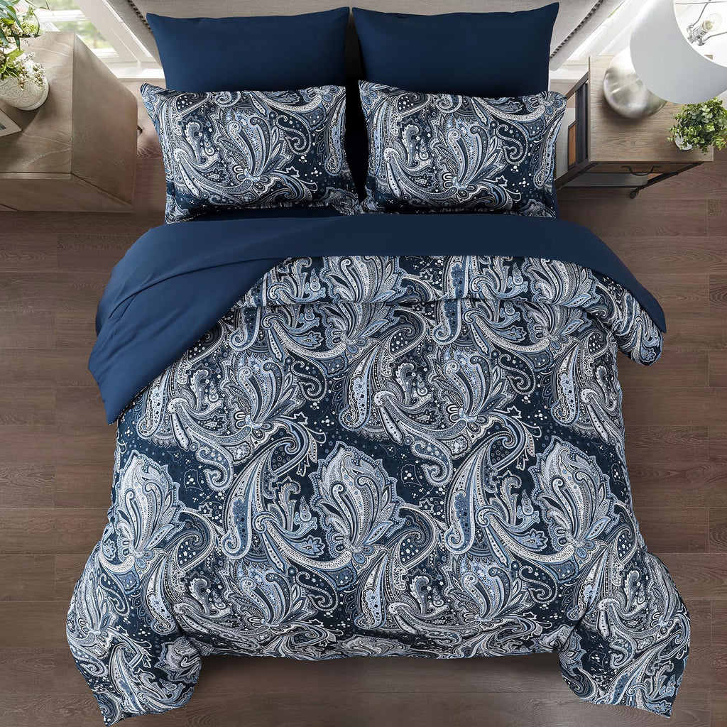 Navy Paisley Comforter Set Queen Size 7 Piece Bed in a Bag
