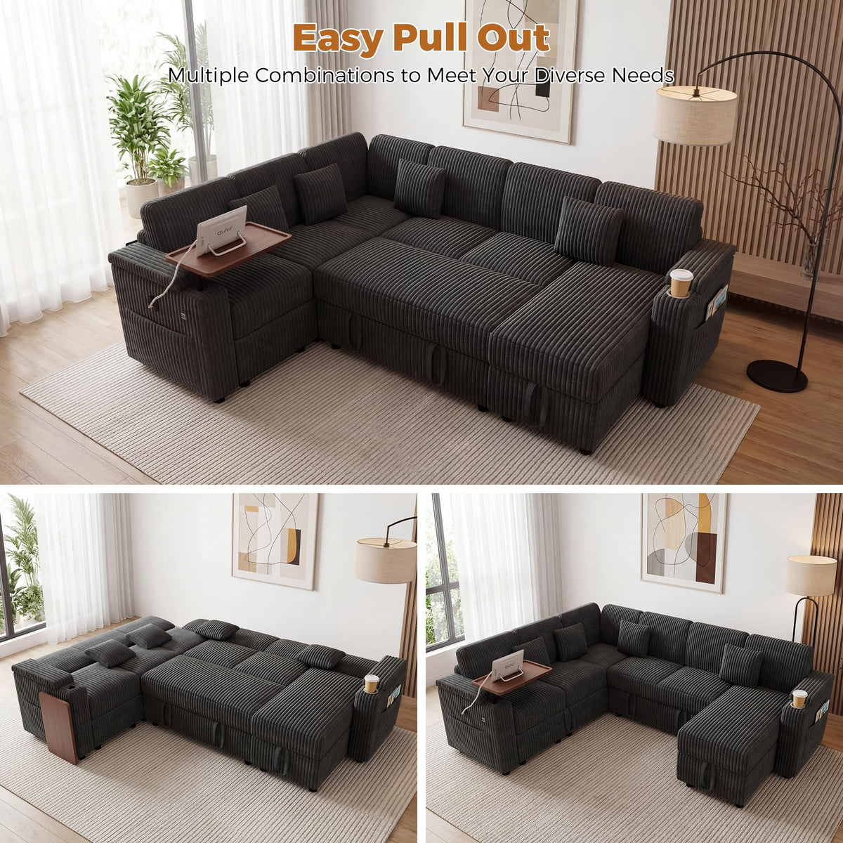 100" Modular Sectional Sleeper Sofa with Pull Out Bed/Side Table/USB Charging/Storage Chaise, U Shaped 7 Seat