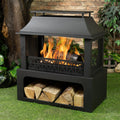 36" Rectangular Steel Outdoor Wood Burning Fireplace - Outdoor Fireplace with Adjustable Cooking Grill & Log Storage
