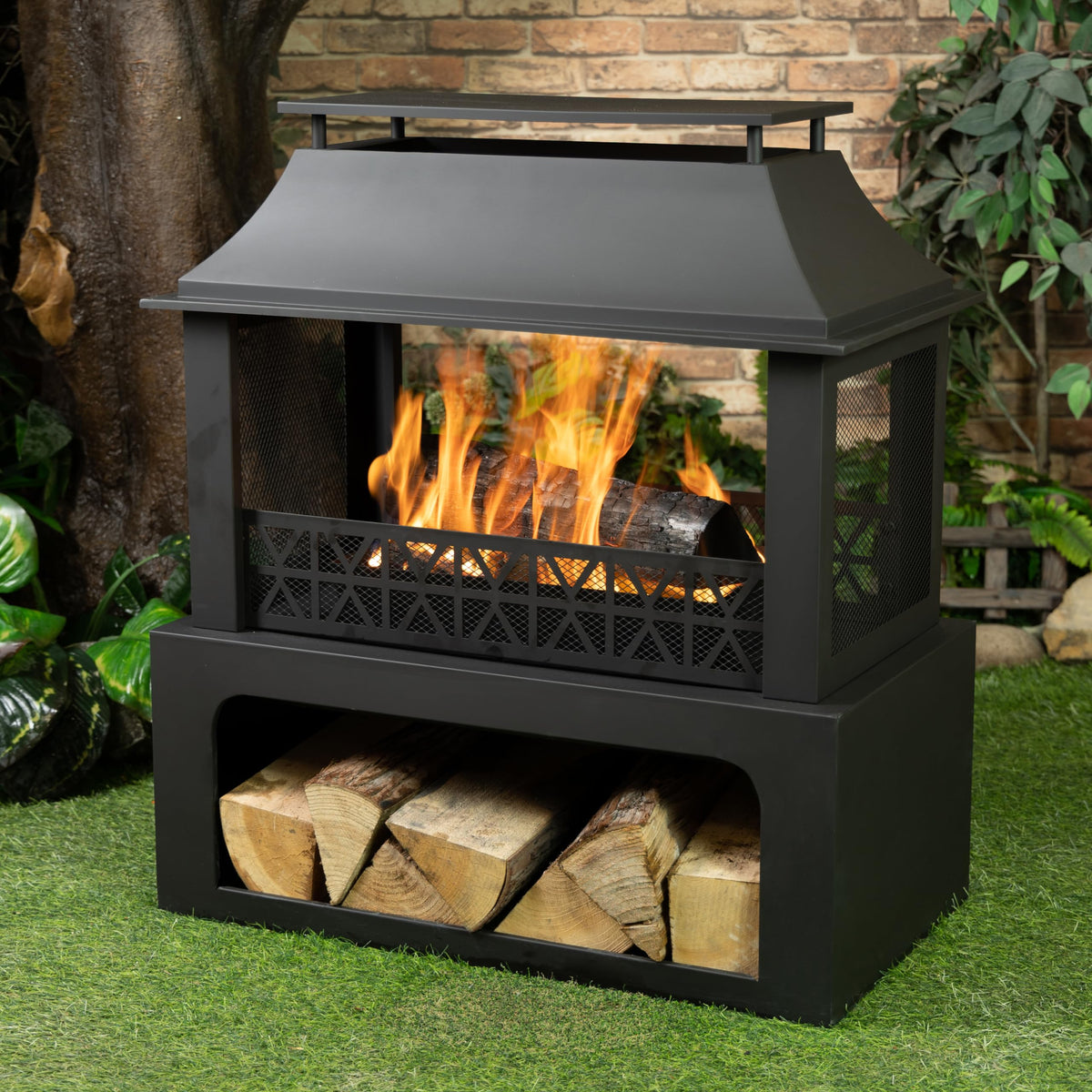36" Rectangular Steel Outdoor Wood Burning Fireplace - Outdoor Fireplace with Adjustable Cooking Grill & Log Storage