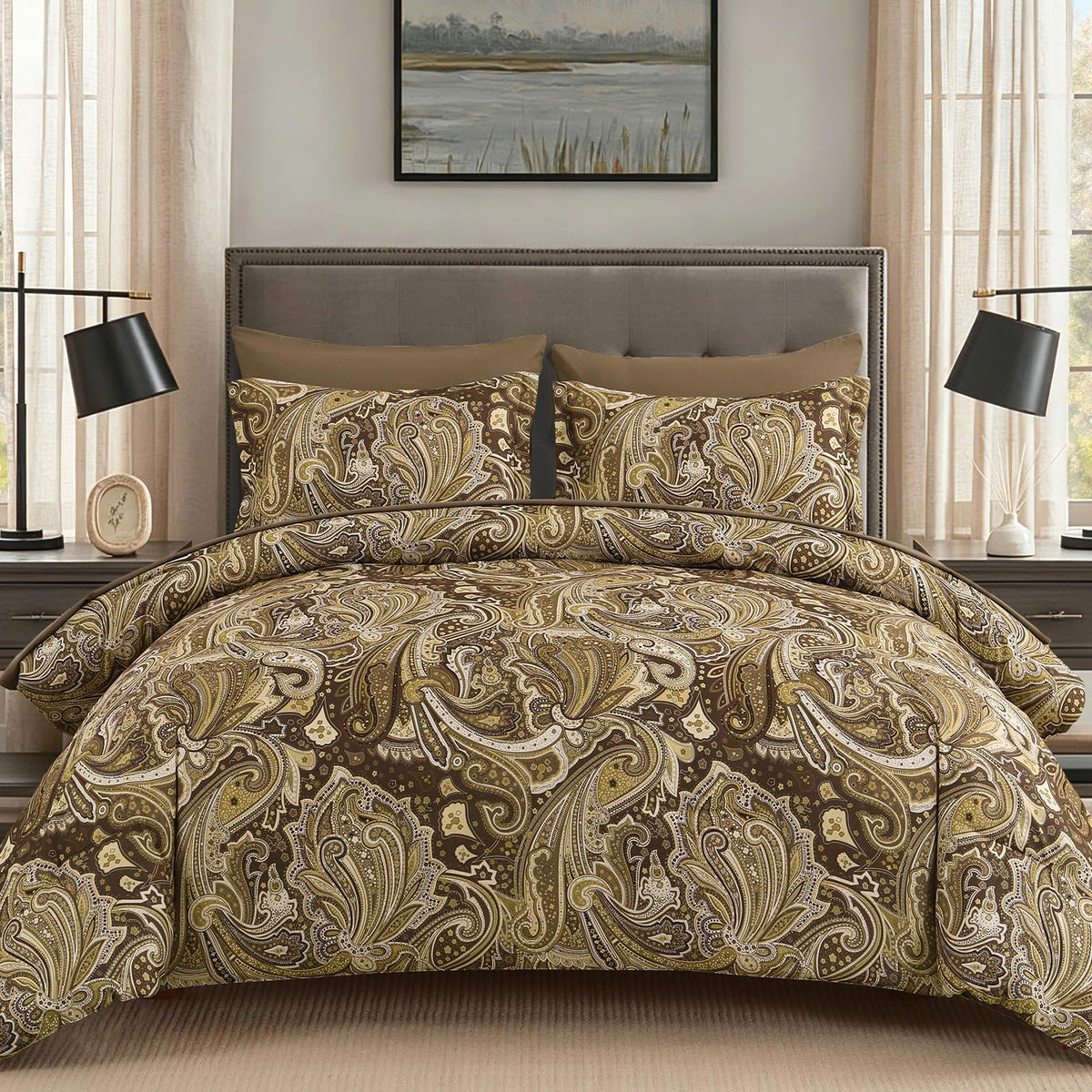 Brown Paisley Comforter Set Queen Size 7 Piece Bed in a Bag