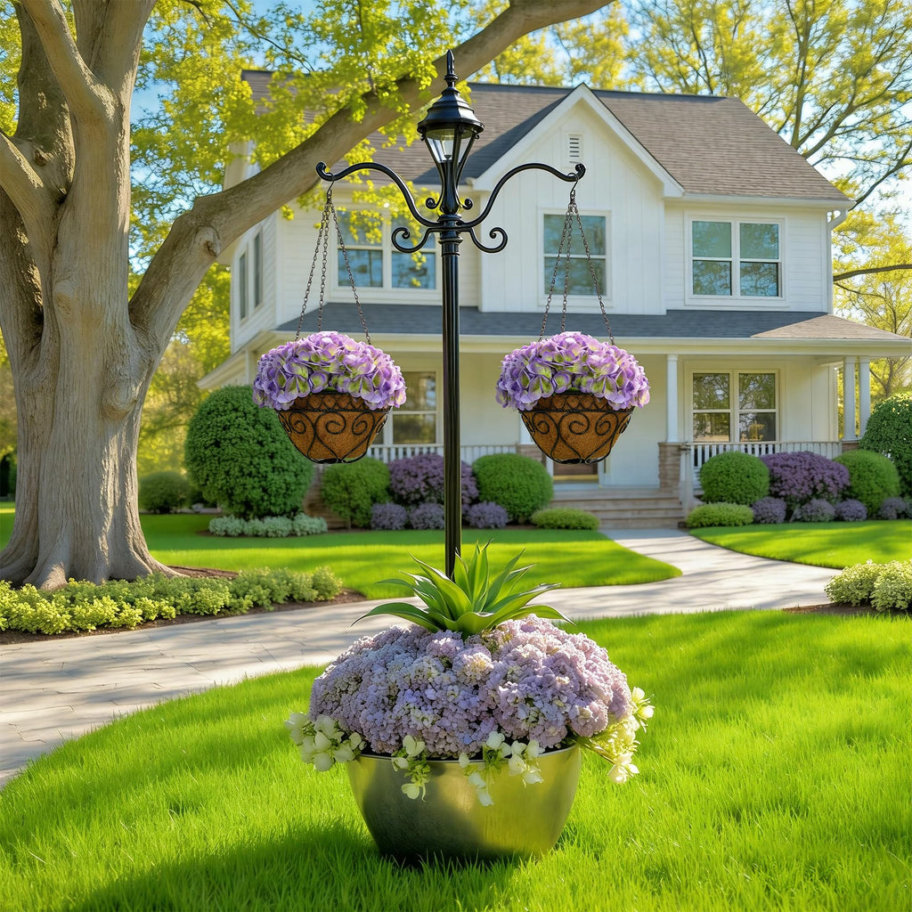 2 Pack Hanging Purple Hydrangea Artificial Flowers with 11in Basket, Outdoor Faux Silk Hydrangea Flowers, Real Touch