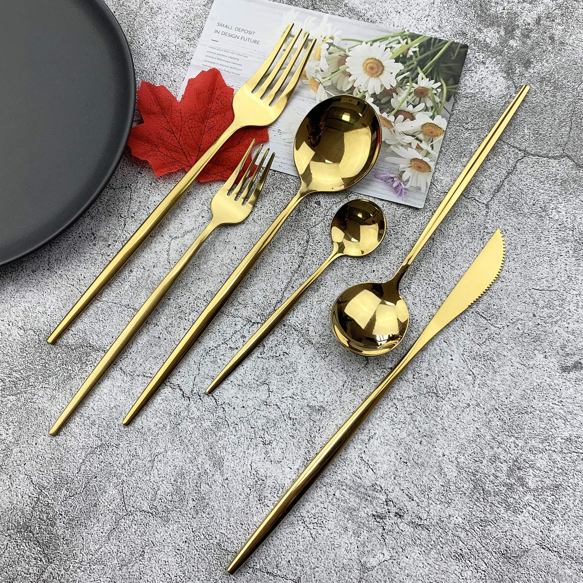 Silverware Set, Mirror Polished Gold Flatware Cutlery Set Service for 4, Shiny Finish 24 Pieces Stainless Steel