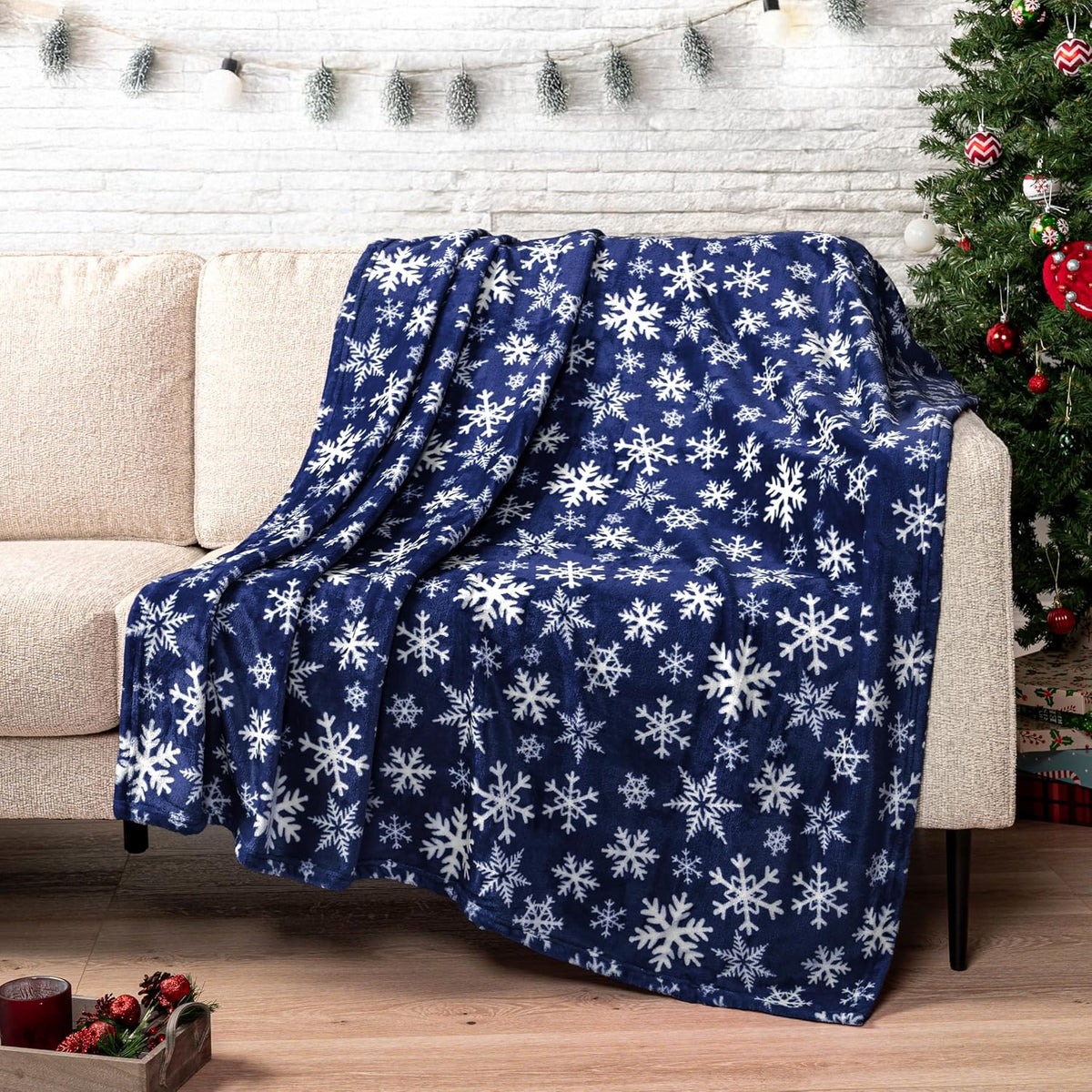 Christmas Throw Blanket | Navy Snowflake Christmas Fleece Blanket | Soft, Plush, Warm Winter Cabin Throw, 50x60