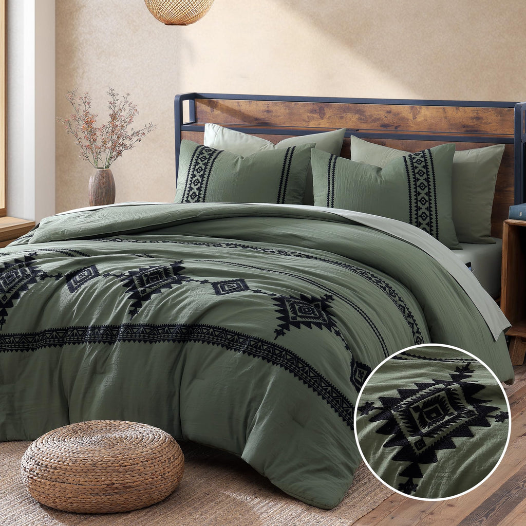 Embroidery Queen Comforter Set 7 Pieces Olive Green Bed in a Bag