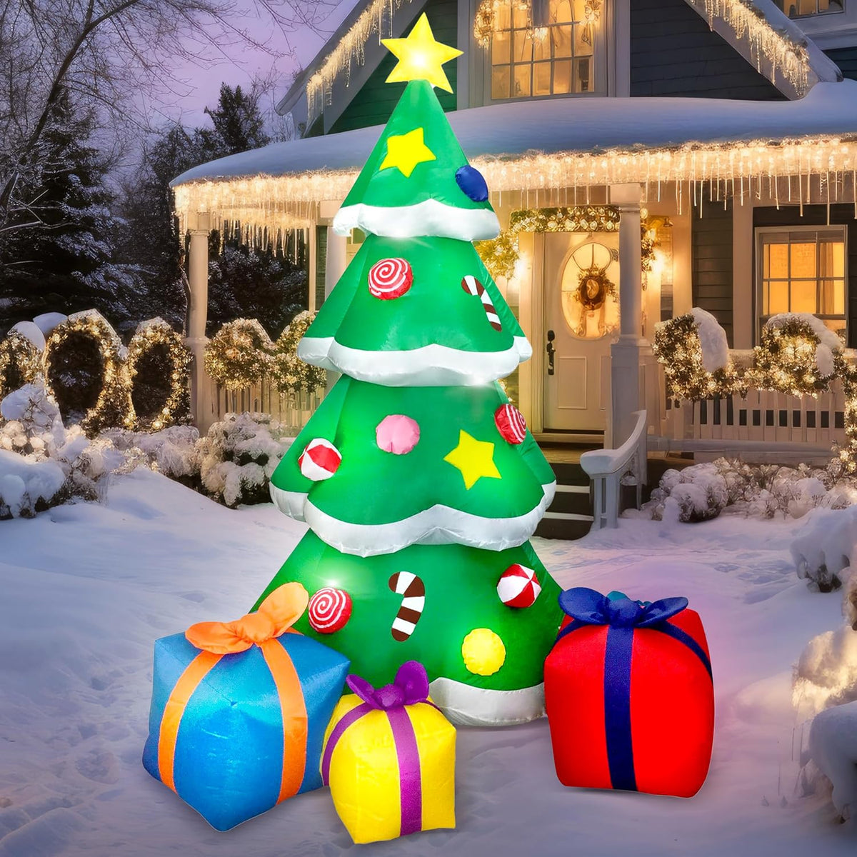 7FT Tall Christmas Inflatables Tree Outdoor Decoration, Giant Christmas Inflatable Tree with 3 Gift Boxes with