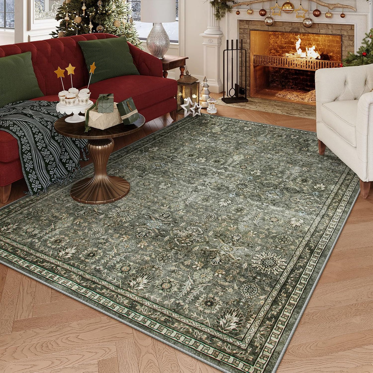 Sage Green Area Rug, Machine Washable Rugs, Boho Vintage Soft Bedroom Carpet Nursery Apartment Office, Dark Green