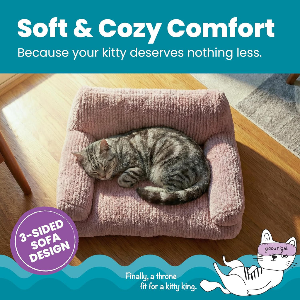 Chillin' Cat Couch, 3-Sided Plush Sofa with High-Loft Polyfill & Bolsters for Orthopedic Support, Indoor Cats