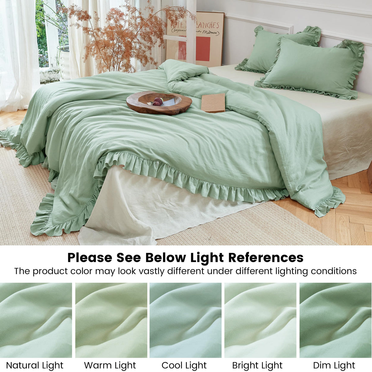 Ruffled Linen Cotton Duvet Cover Set 3Pcs, Breathable Natural Blend with Feminine Ruffle Accents (1 Duvet Cover & 2