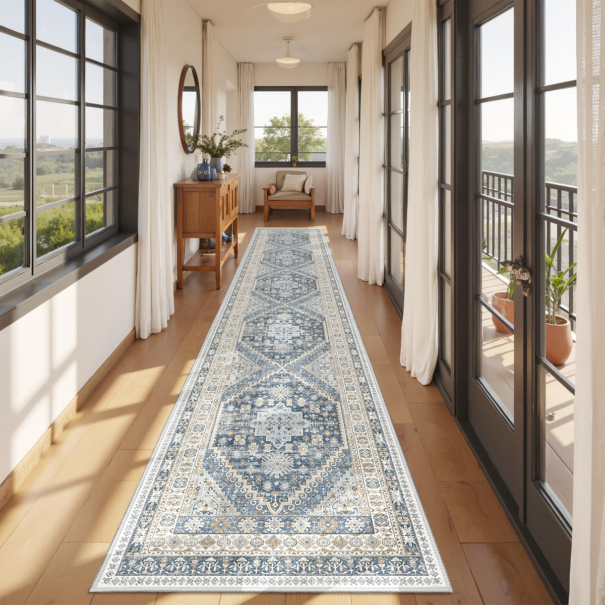 Hallway Runner Rug 2x12 Extra Long Washable Runner, Blue/Beige