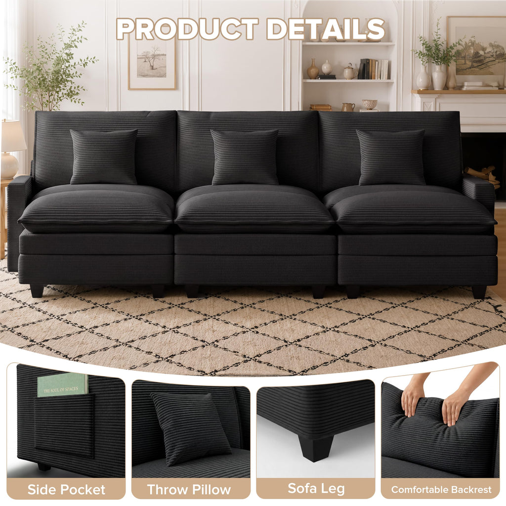 Modular Sectional Sofa with 3 Movable Ottomans, 107" Cloud Couch Sectional